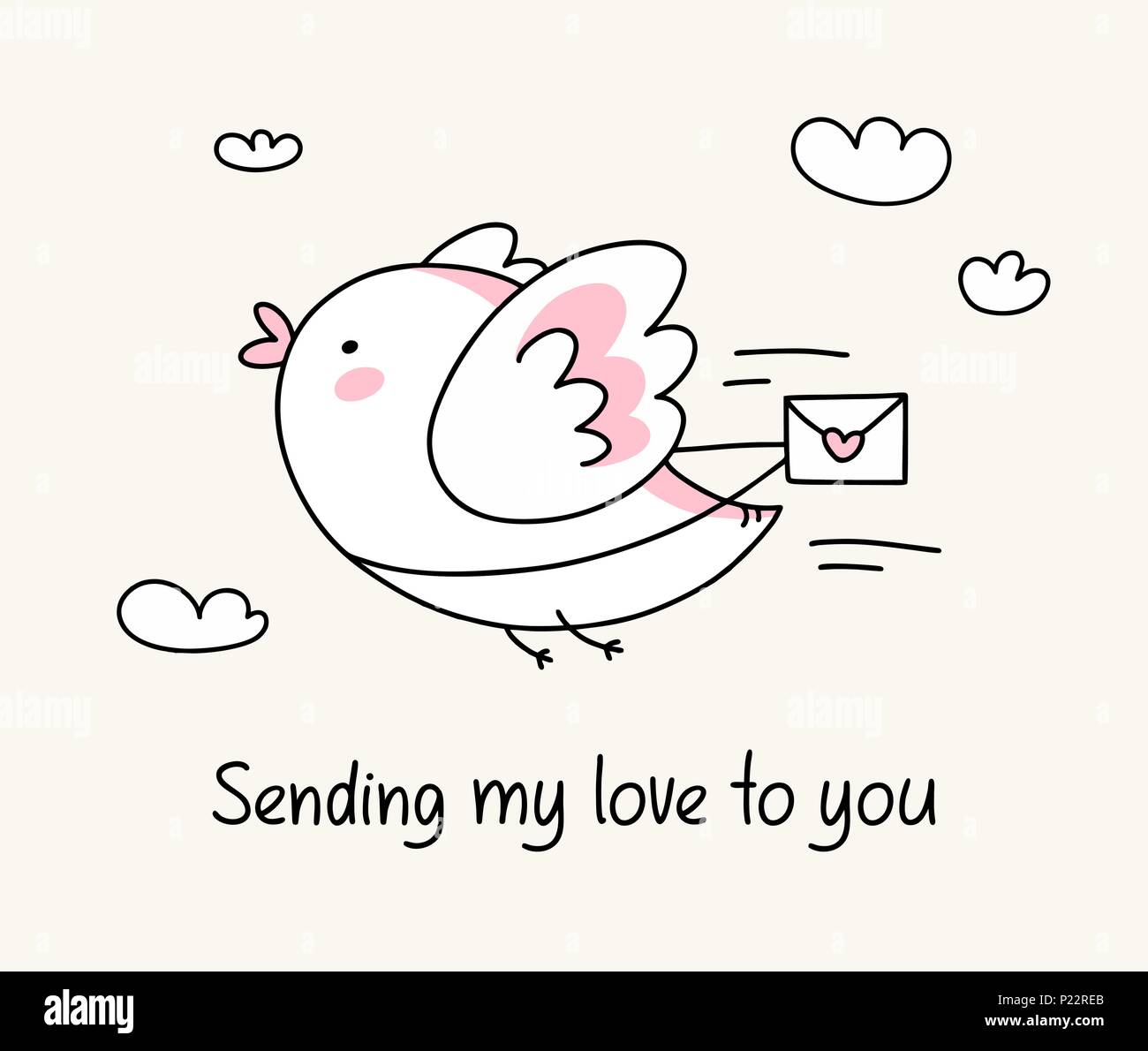 Sending my love to you greeting card with funny bird with love letter. Happy Valentine`s Day love cartoon illustration card Stock Vector
